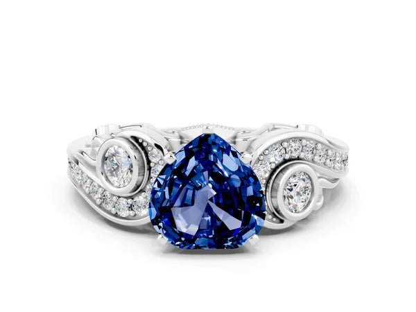 Silver Heart Cut Blue Sapphire Solitaire Ring with Milgrain Pavé Band and Four-Prong Setting