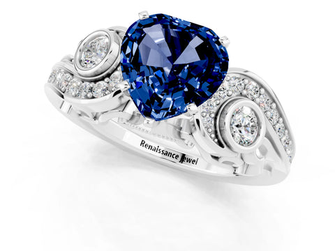 White gold Heart Cut Blue Sapphire Solitaire Ring with Milgrain Pavé Band and Four-Prong Setting_13