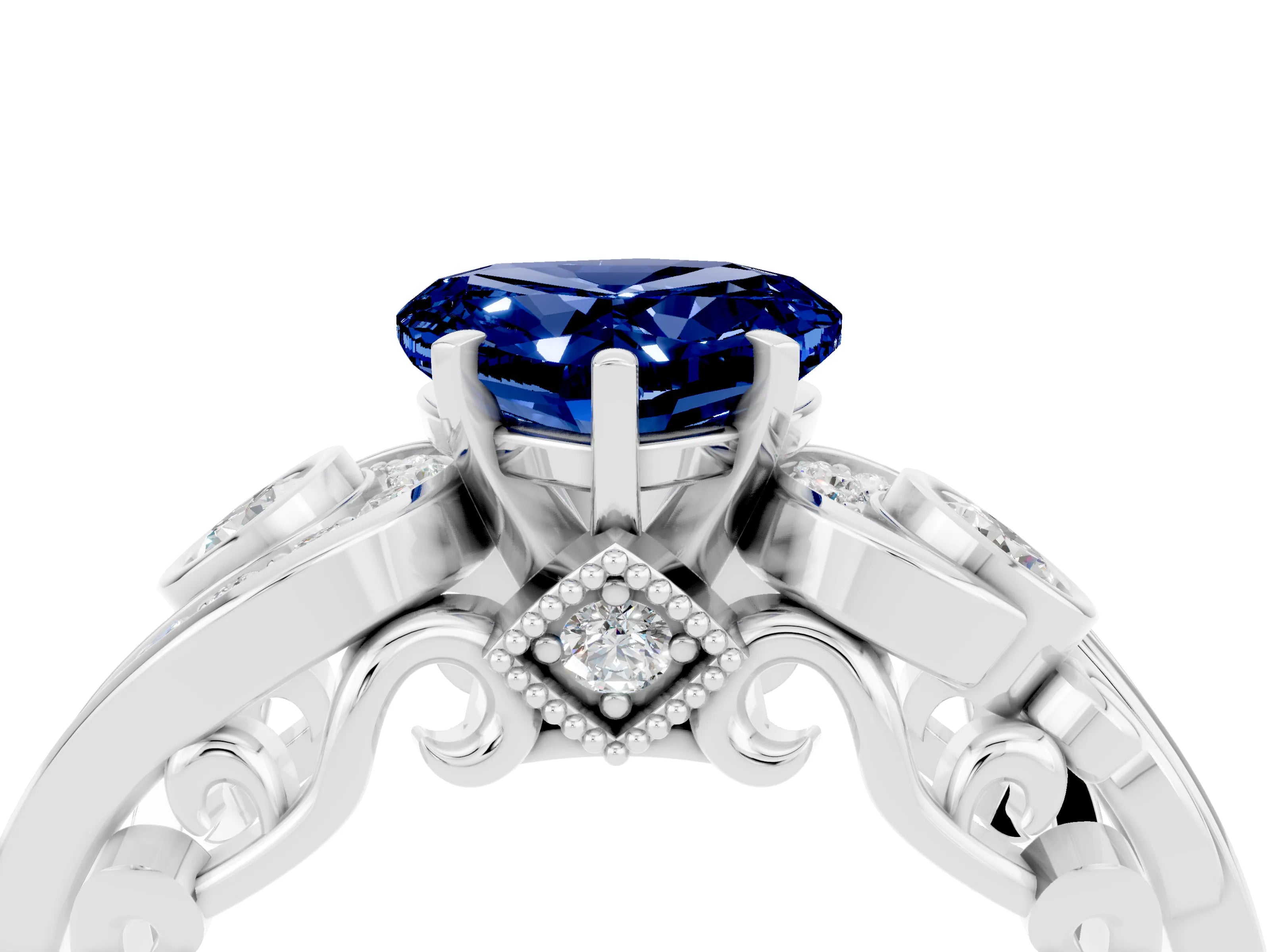 White gold Heart Cut Blue Sapphire Solitaire Ring with Milgrain Pavé Band and Four-Prong Setting_16