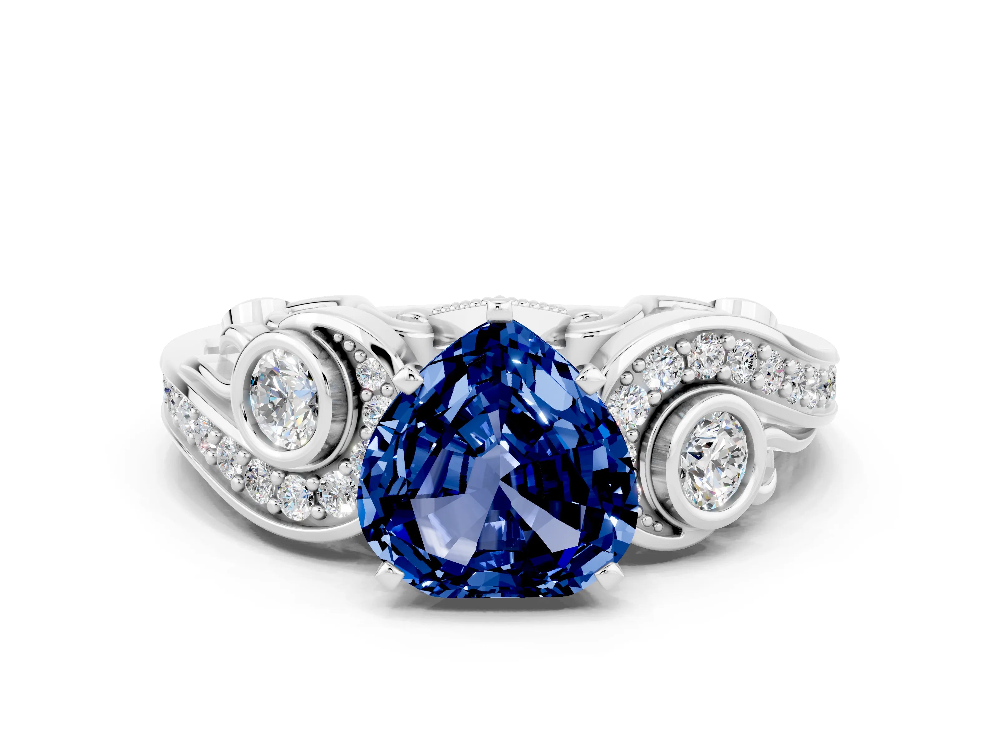White gold Heart Cut Blue Sapphire Solitaire Ring with Milgrain Pavé Band and Four-Prong Setting_48