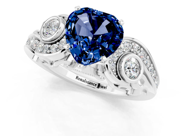 White gold Heart Cut Blue Sapphire Solitaire Ring with Milgrain Pavé Band and Four-Prong Setting
