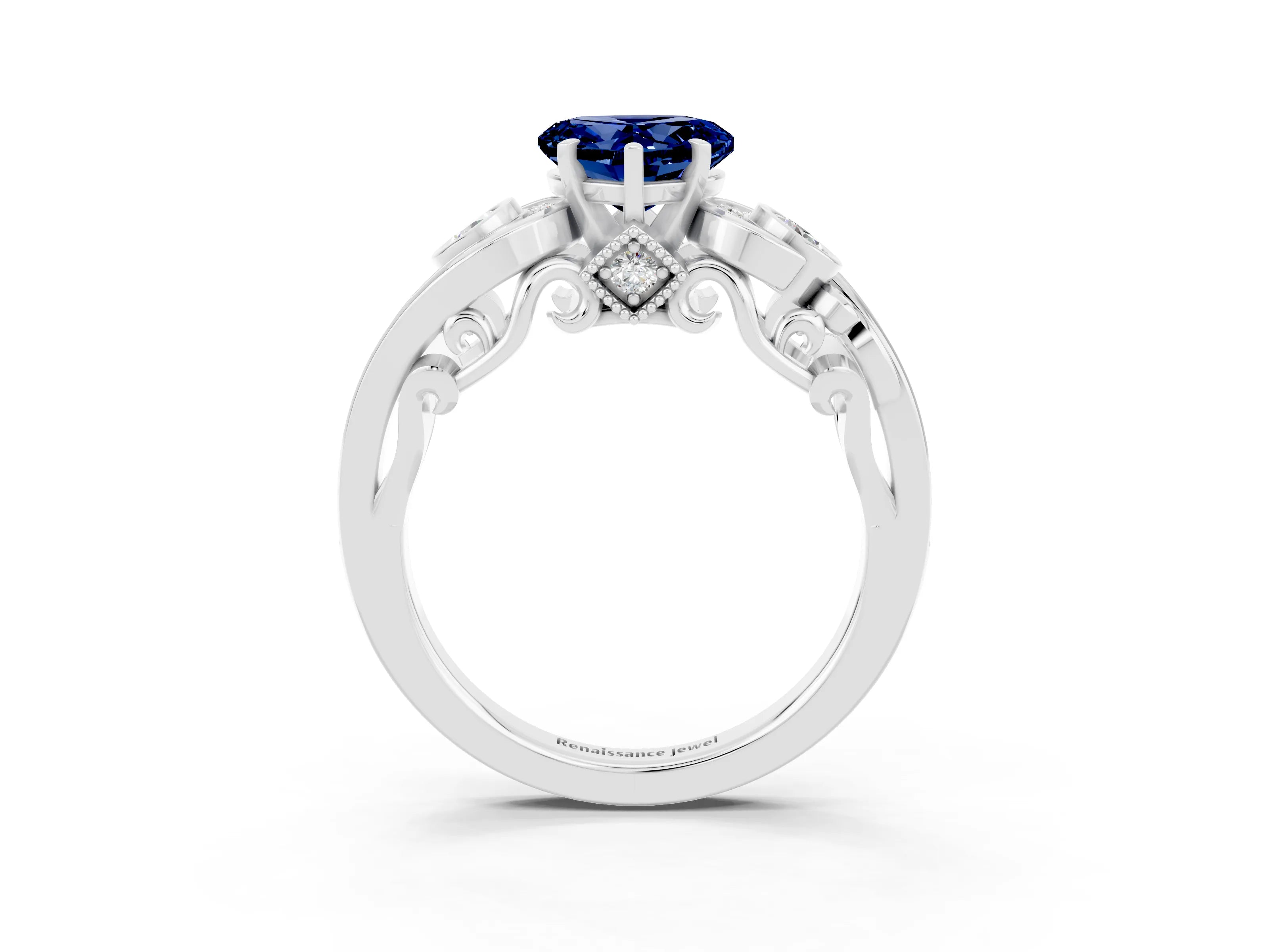 White gold Heart Cut Blue Sapphire Solitaire Ring with Milgrain Pavé Band and Four-Prong Setting_51