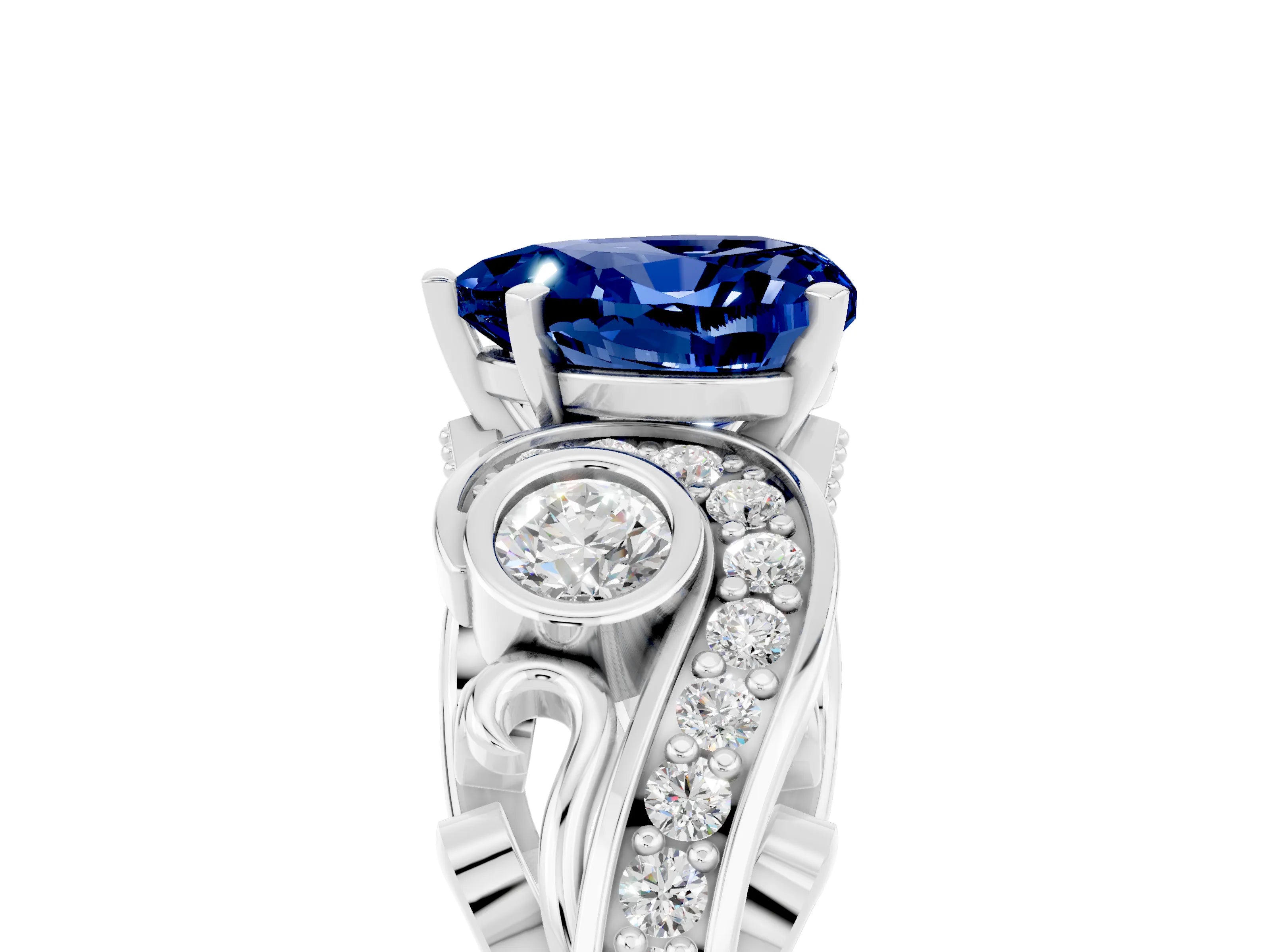 White gold Heart Cut Blue Sapphire Solitaire Ring with Milgrain Pavé Band and Four-Prong Setting_53