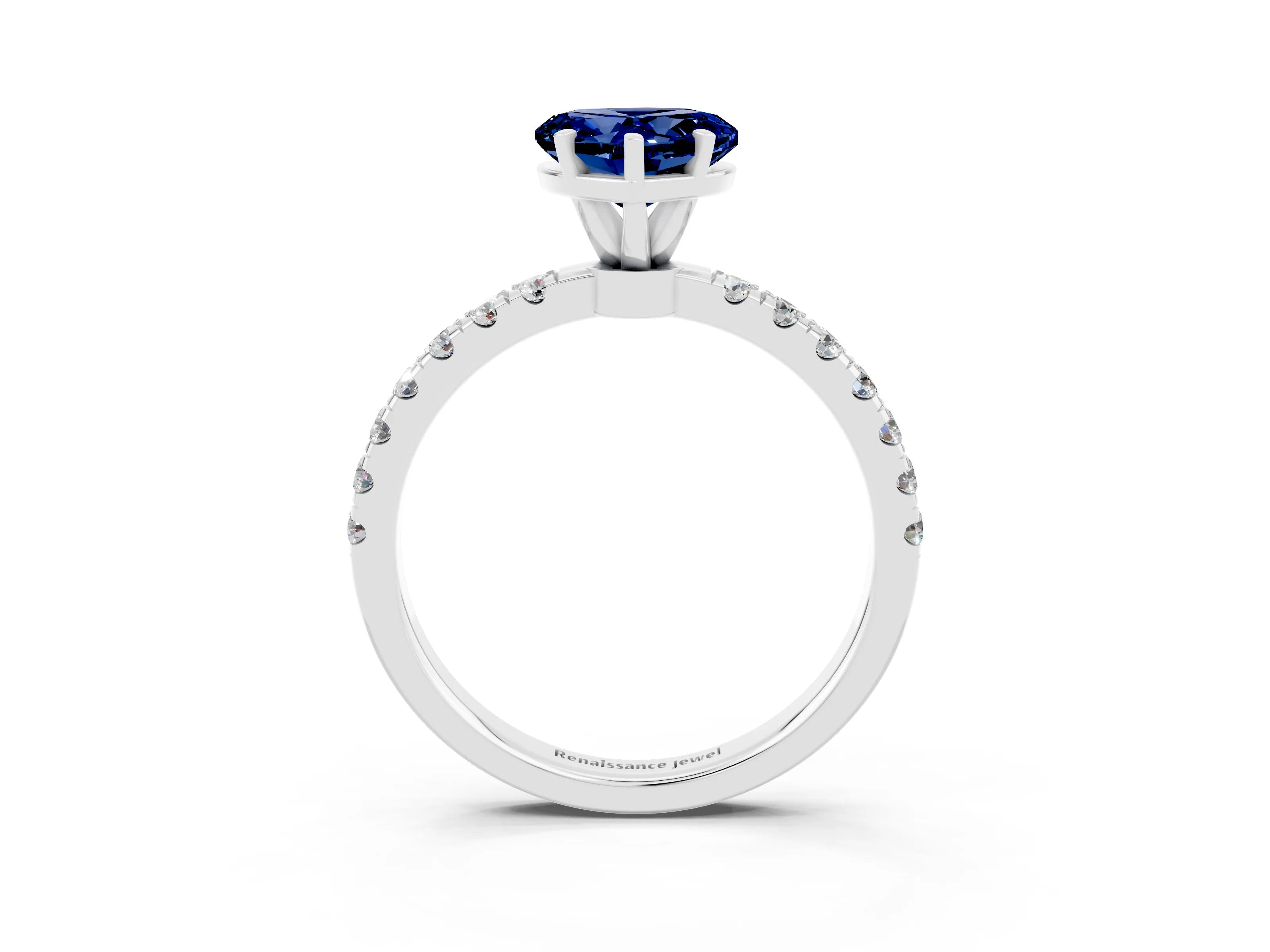 White gold Heart Cut Blue Sapphire Solitaire Ring with Pavé Accents and Four-Prong Setting_3