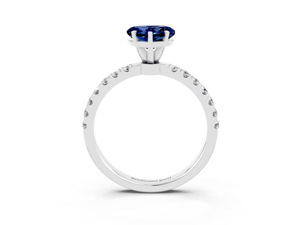 Silver Heart Cut Blue Sapphire Solitaire Ring with Pavé Accents and Four-Prong Setting
