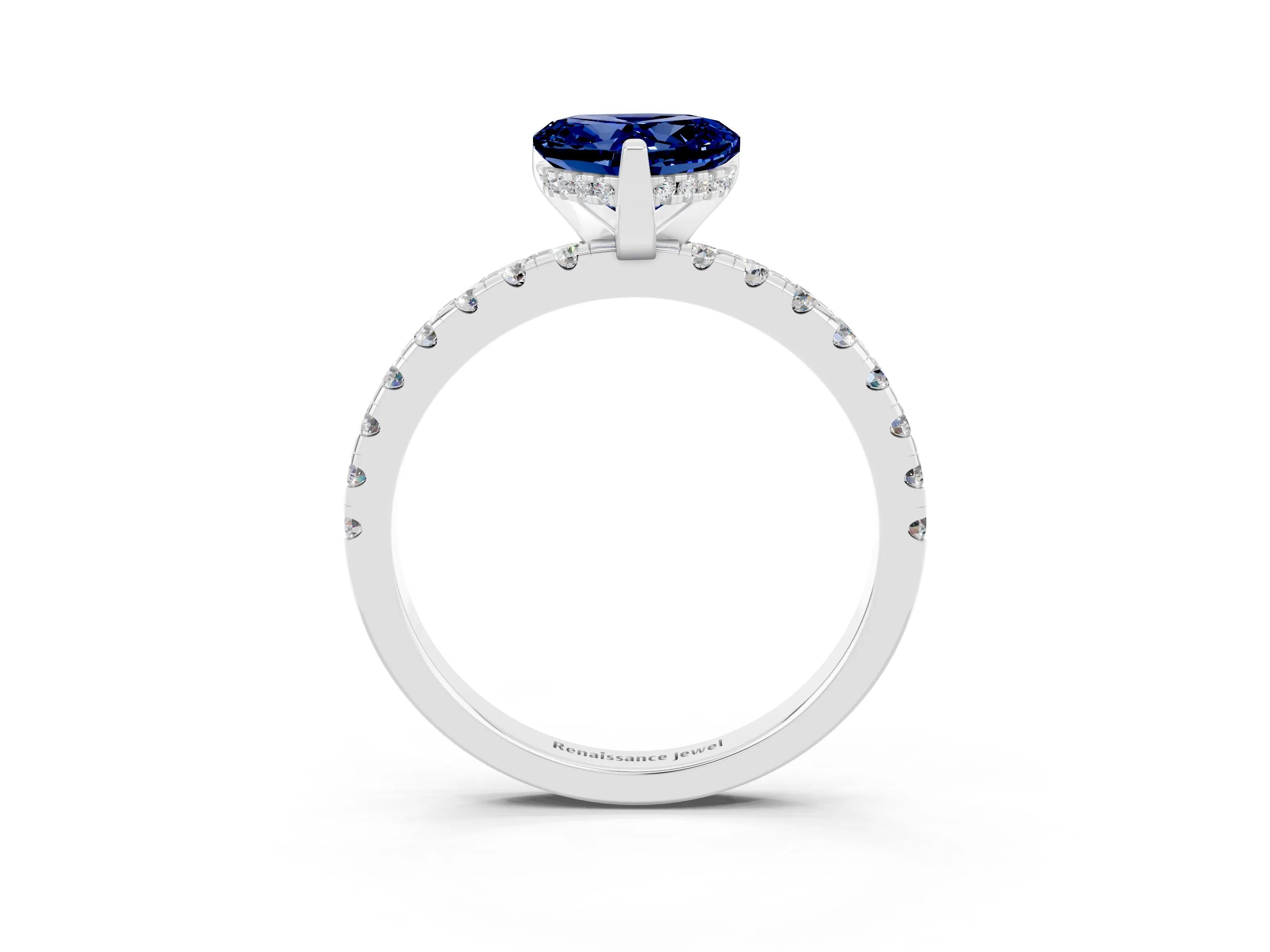 White gold Heart Cut Blue Sapphire Solitaire Ring with Pavé Band and Four-Prong Setting_27