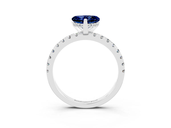 White gold Heart Cut Blue Sapphire Solitaire Ring with Round  Pavé Band and Four-Prong Setting