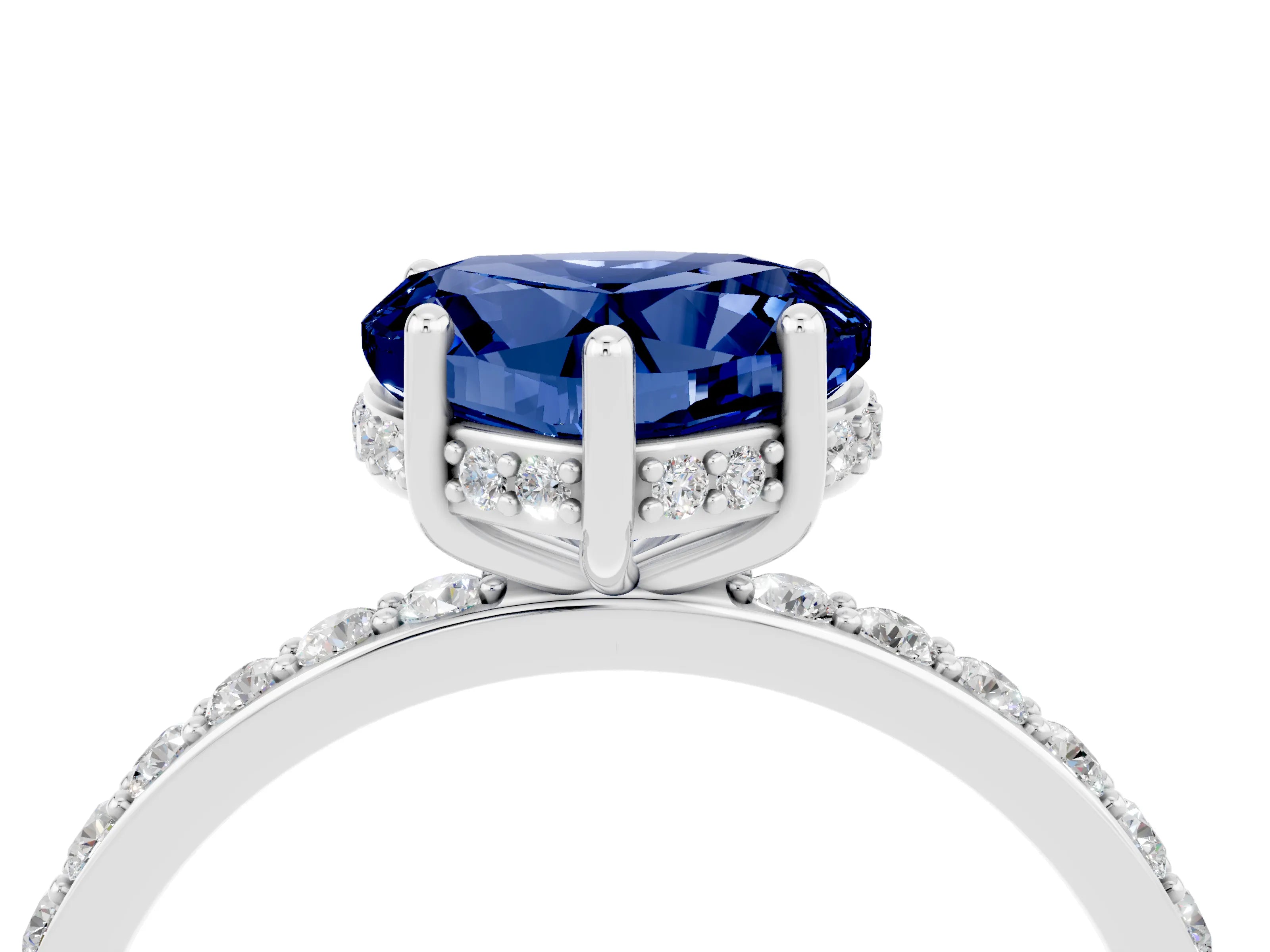 White gold Heart Cut Blue Sapphire Solitaire Ring with Pavé Band and Hidden Halo_16