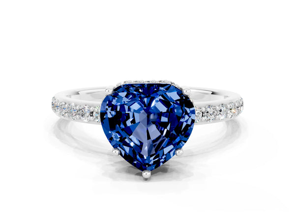 White gold Heart Cut Blue Sapphire Solitaire Ring with Pavé Band and Hidden Halo