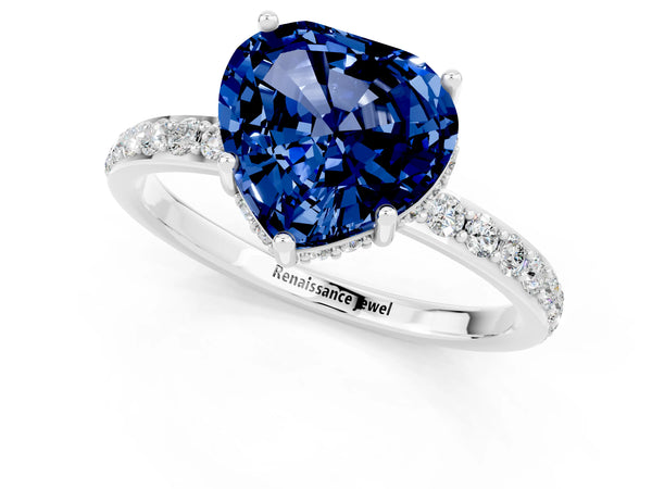 White gold Heart Cut Blue Sapphire Solitaire Ring with Pavé Band and Hidden Halo