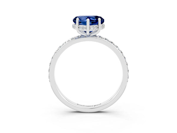 White gold Heart Cut Blue Sapphire Solitaire Ring with Pavé Band and Hidden Halo