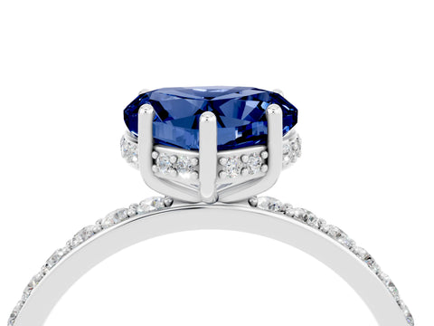 White gold Heart Cut Blue Sapphire Solitaire Ring with Pavé Band and Hidden Halo_28