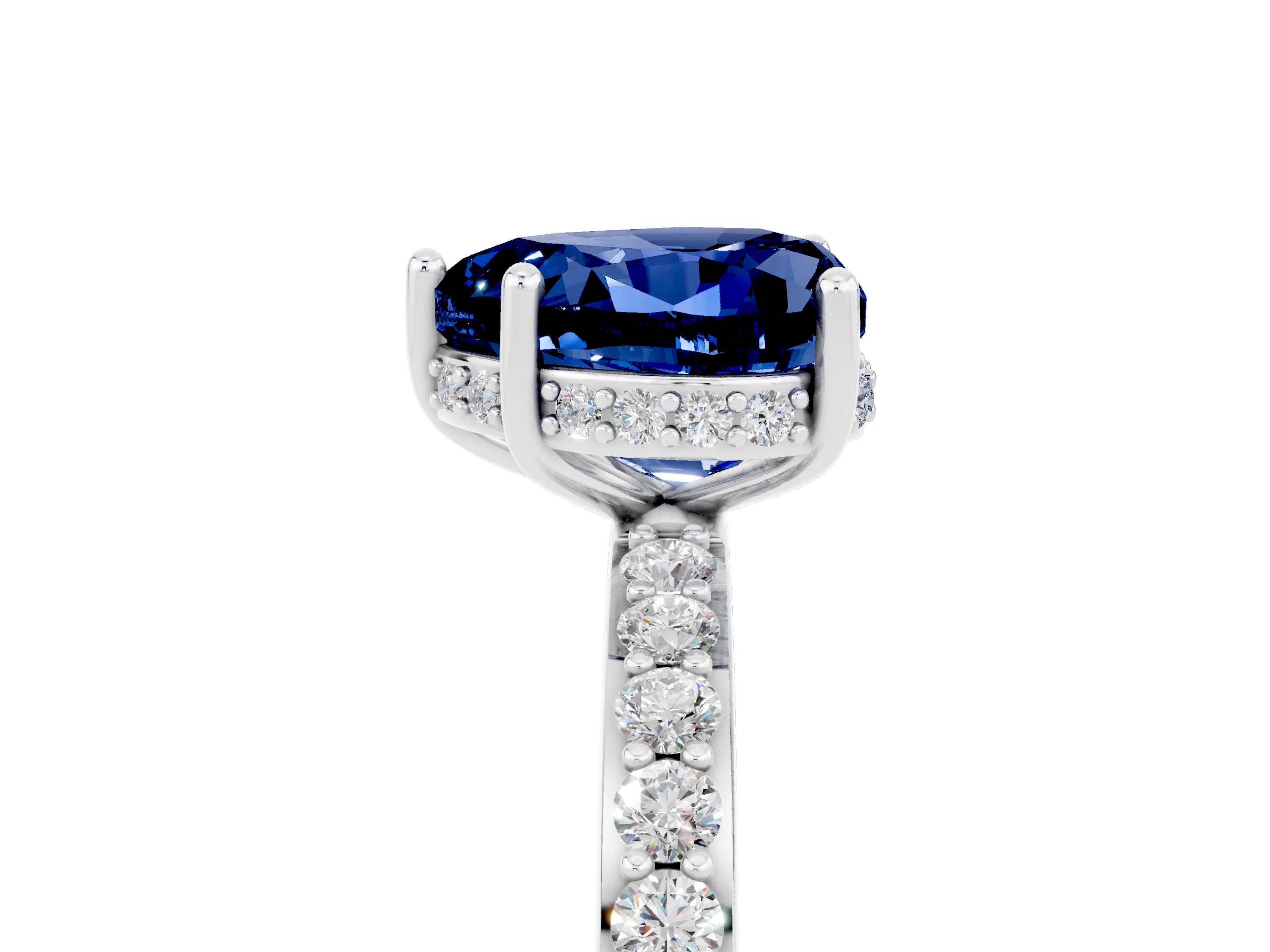 White gold Heart Cut Blue Sapphire Solitaire Ring with Pavé Band and Hidden Halo_29