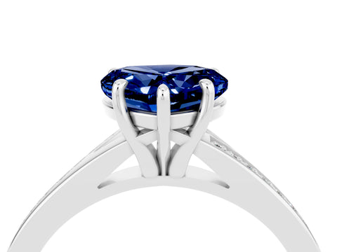 White gold Heart Cut Blue Sapphire Solitaire Ring with Pavé Band and Prong Setting_4