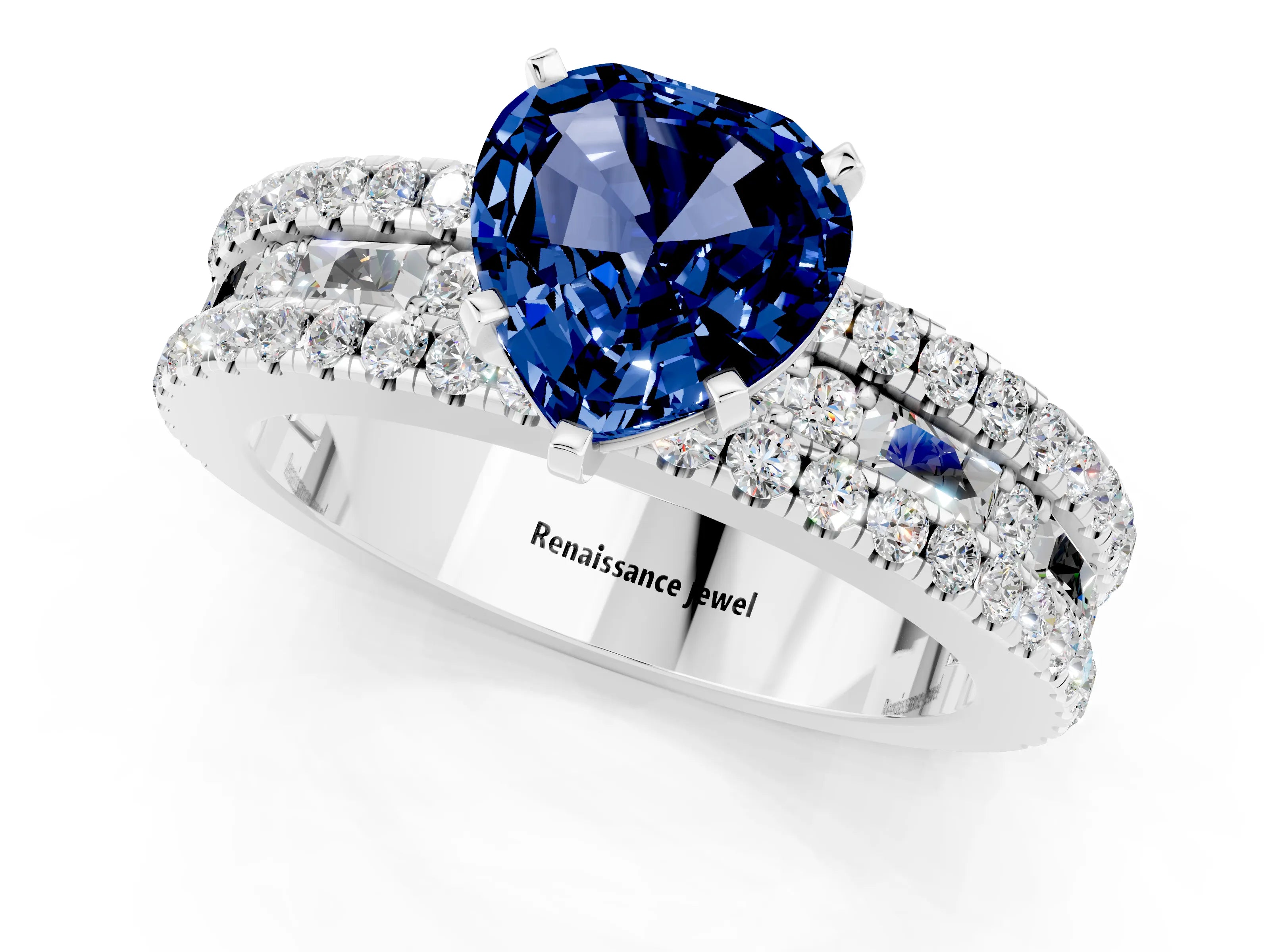 White gold Heart Cut Blue Sapphire Solitaire Ring with Pavé and Channel Set Band_1