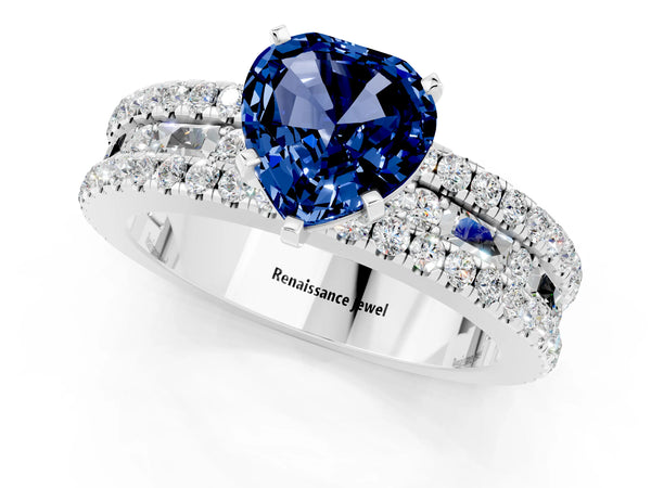 Platinum Heart Cut Blue Sapphire Solitaire Ring with Pavé and Channel Set Band