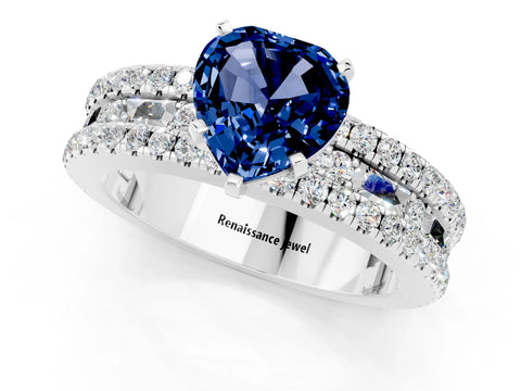 White gold Heart Cut Blue Sapphire Solitaire Ring with Pavé and Channel Set Band_1