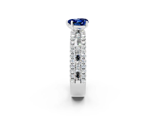 Silver Heart Cut Blue Sapphire Solitaire Ring with Pavé and Channel Set Band