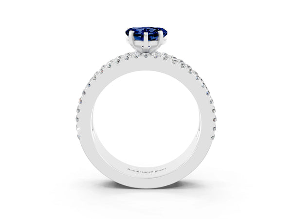 Silver Heart Cut Blue Sapphire Solitaire Ring with Pavé and Channel Set Band