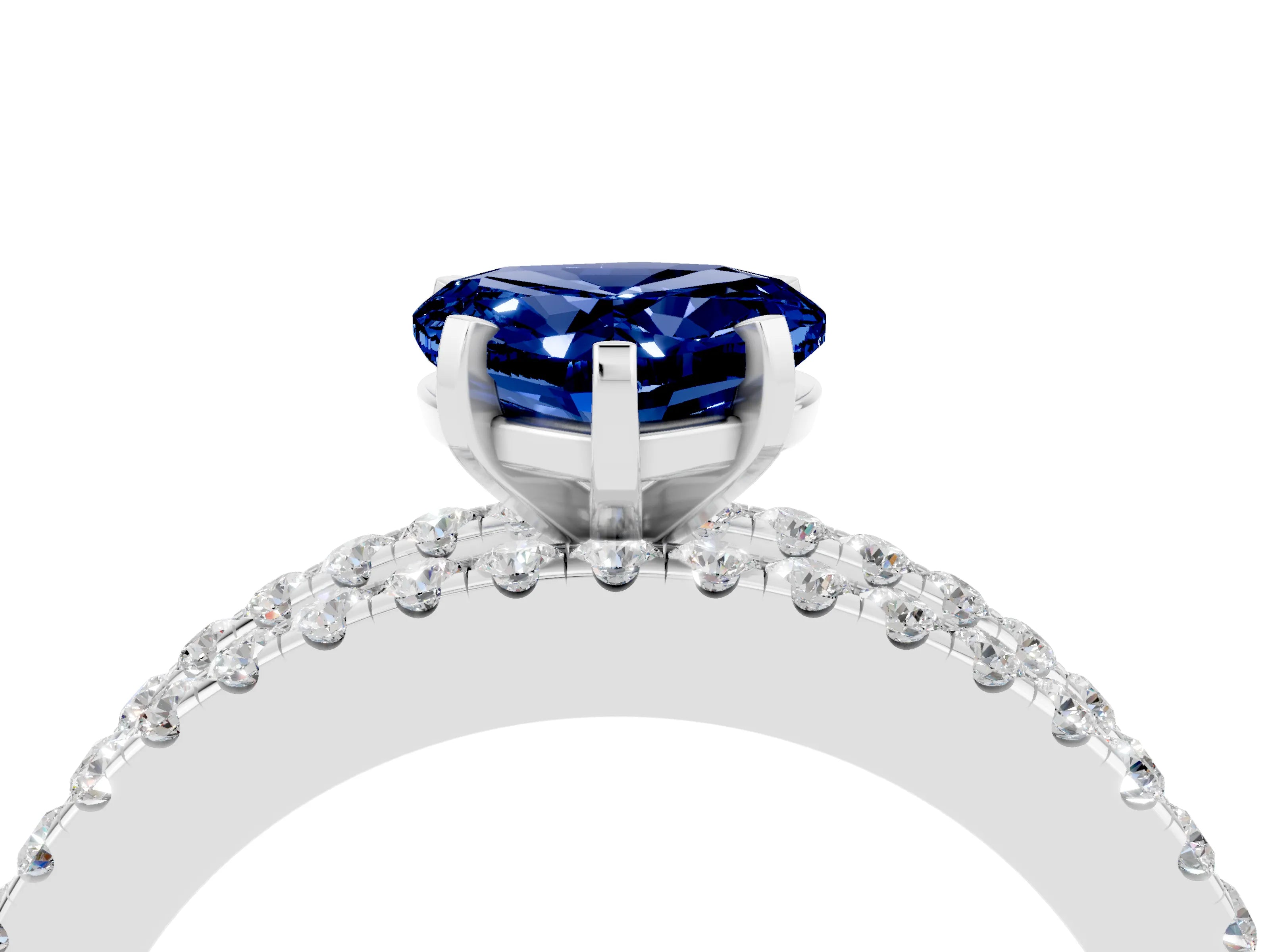 White gold Heart Cut Blue Sapphire Solitaire Ring with Pavé and Channel Set Band_4