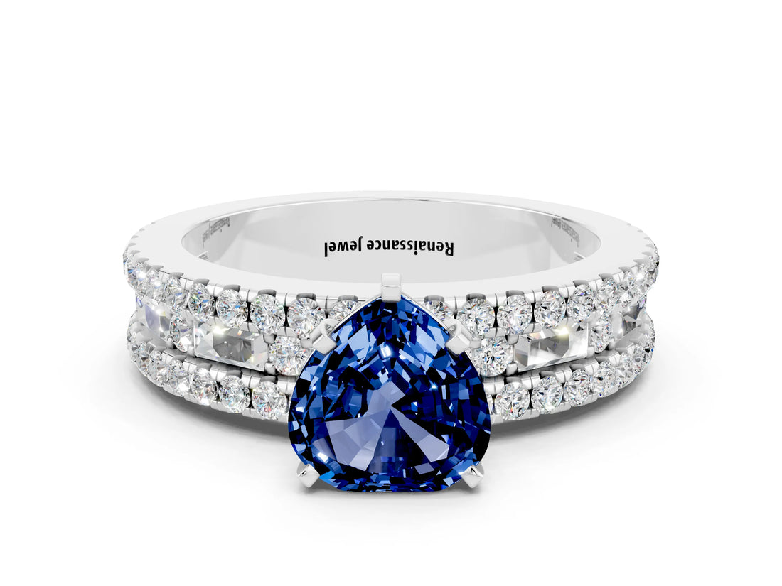 White gold Heart Cut Blue Sapphire Solitaire Ring with Pavé and Channel Set Band