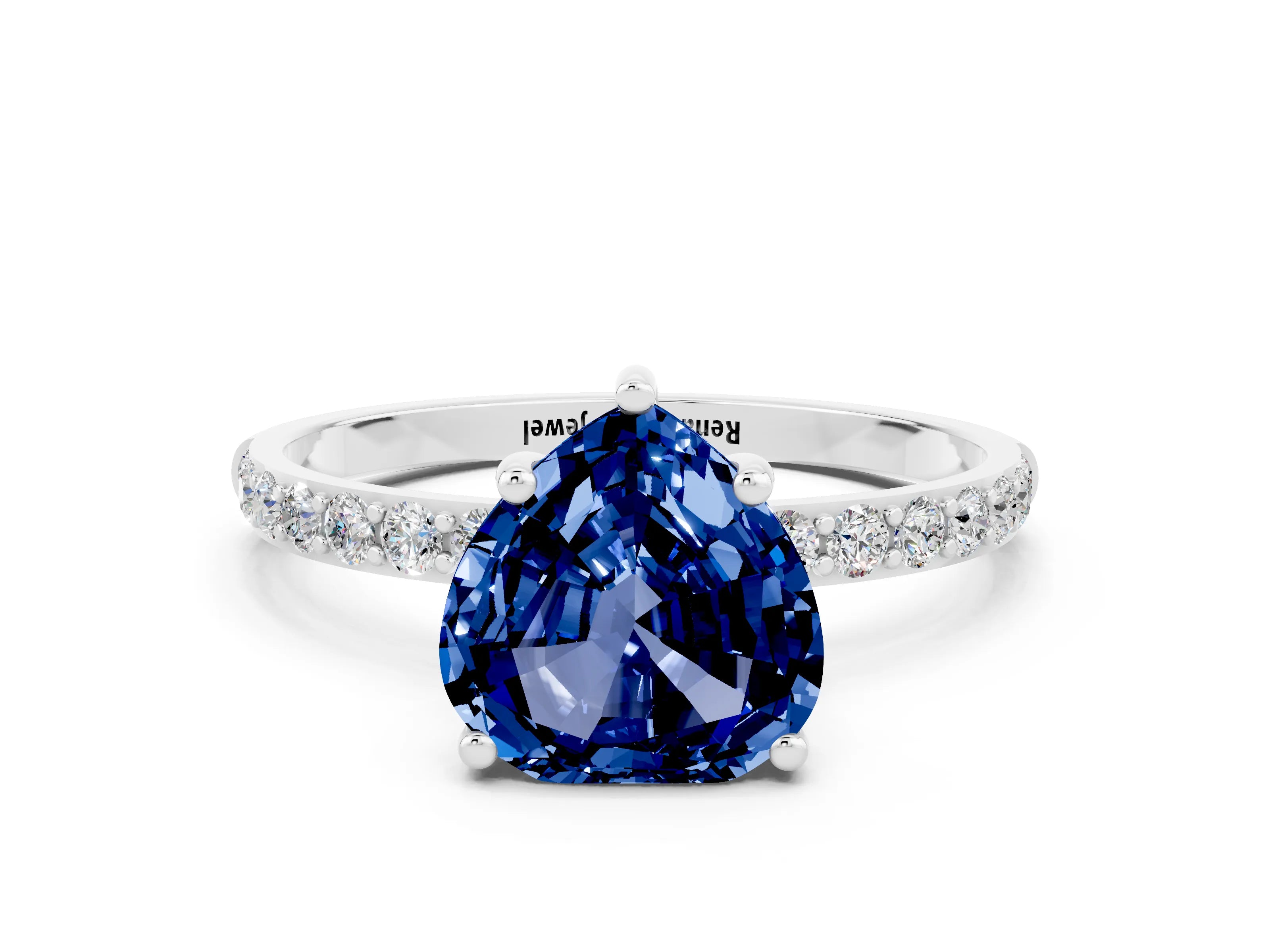 White gold Heart Cut Blue Sapphire Solitaire Ring with Pave Band and Four Prong Setting_24