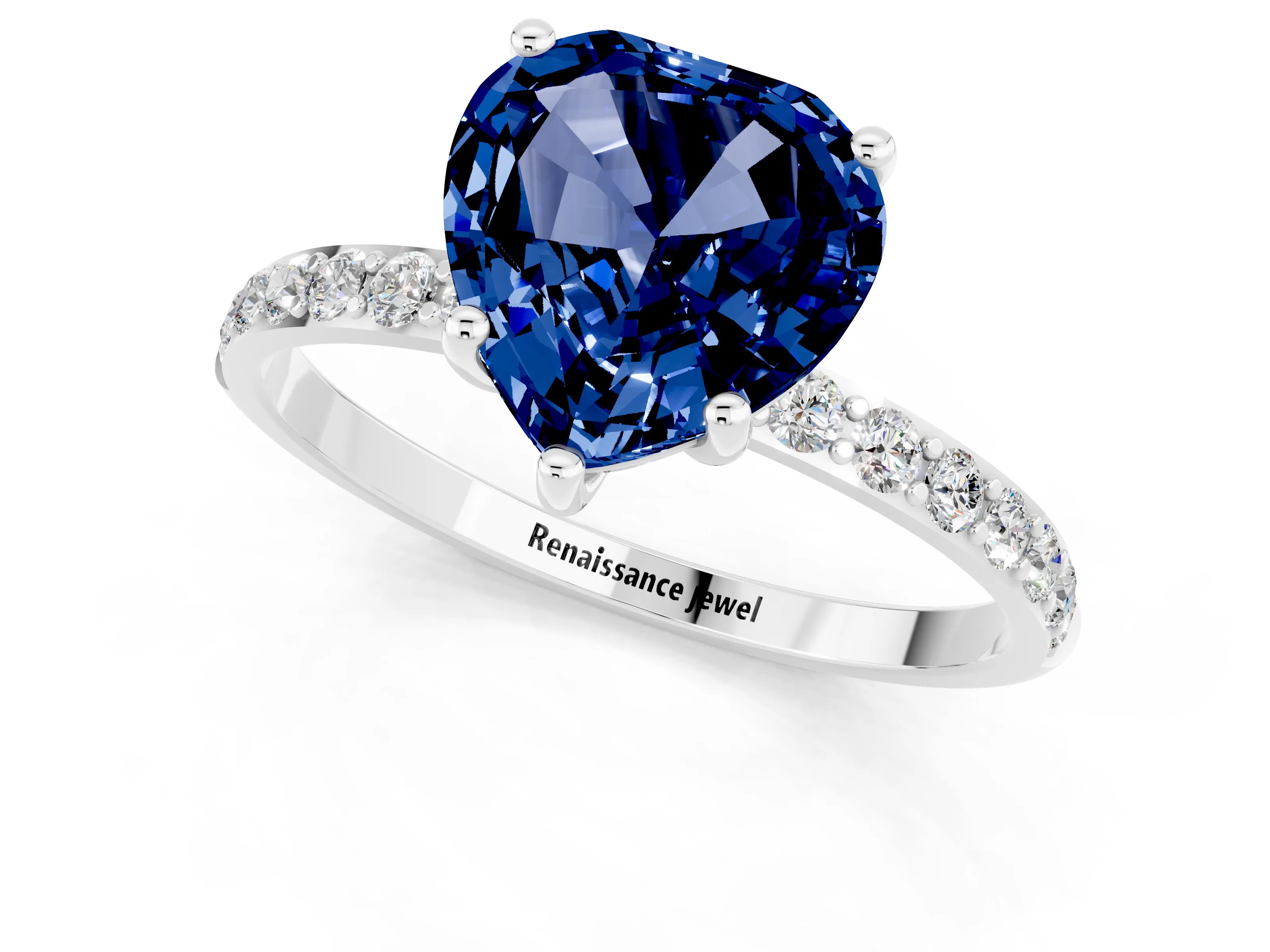 White gold Heart Cut Blue Sapphire Solitaire Ring with Pave Band and Four Prong Setting_25