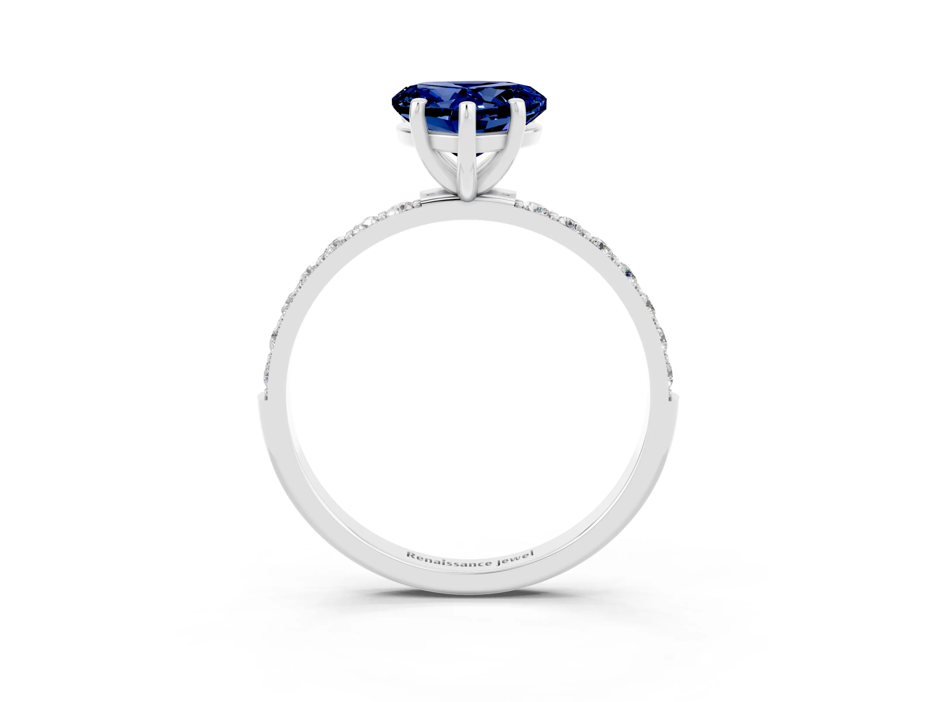 White gold Heart Cut Blue Sapphire Solitaire Ring with Pave Band and Four Prong Setting_27