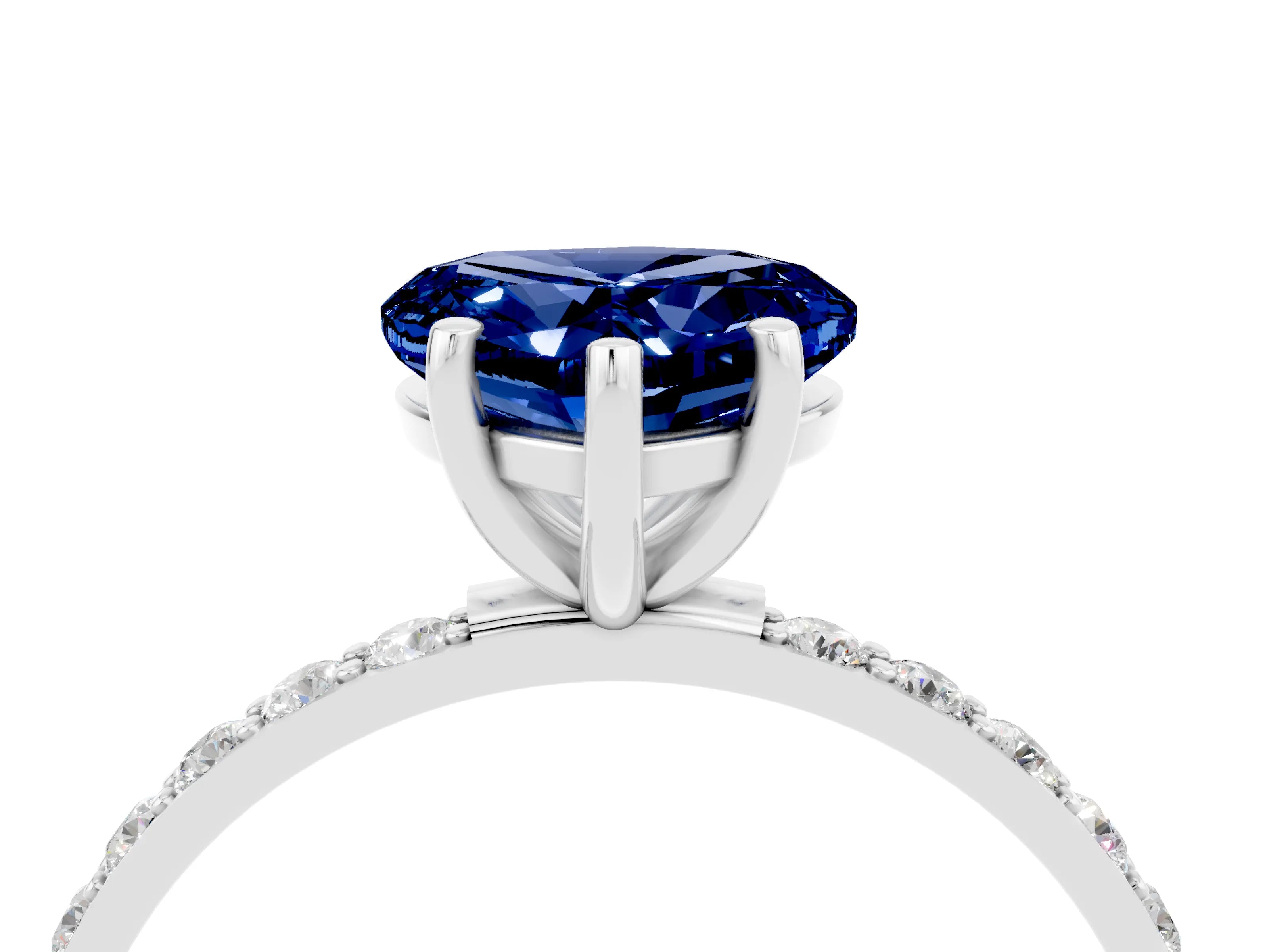 White gold Heart Cut Blue Sapphire Solitaire Ring with Pave Band and Four Prong Setting_28
