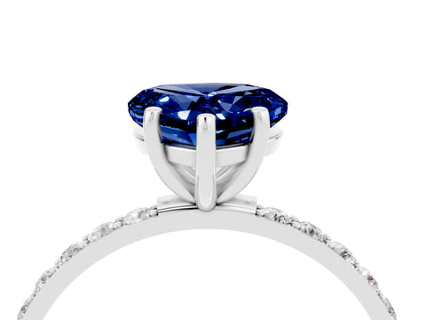 White gold Heart Cut Blue Sapphire Solitaire Ring with Pave Band and Four Prong Setting_28