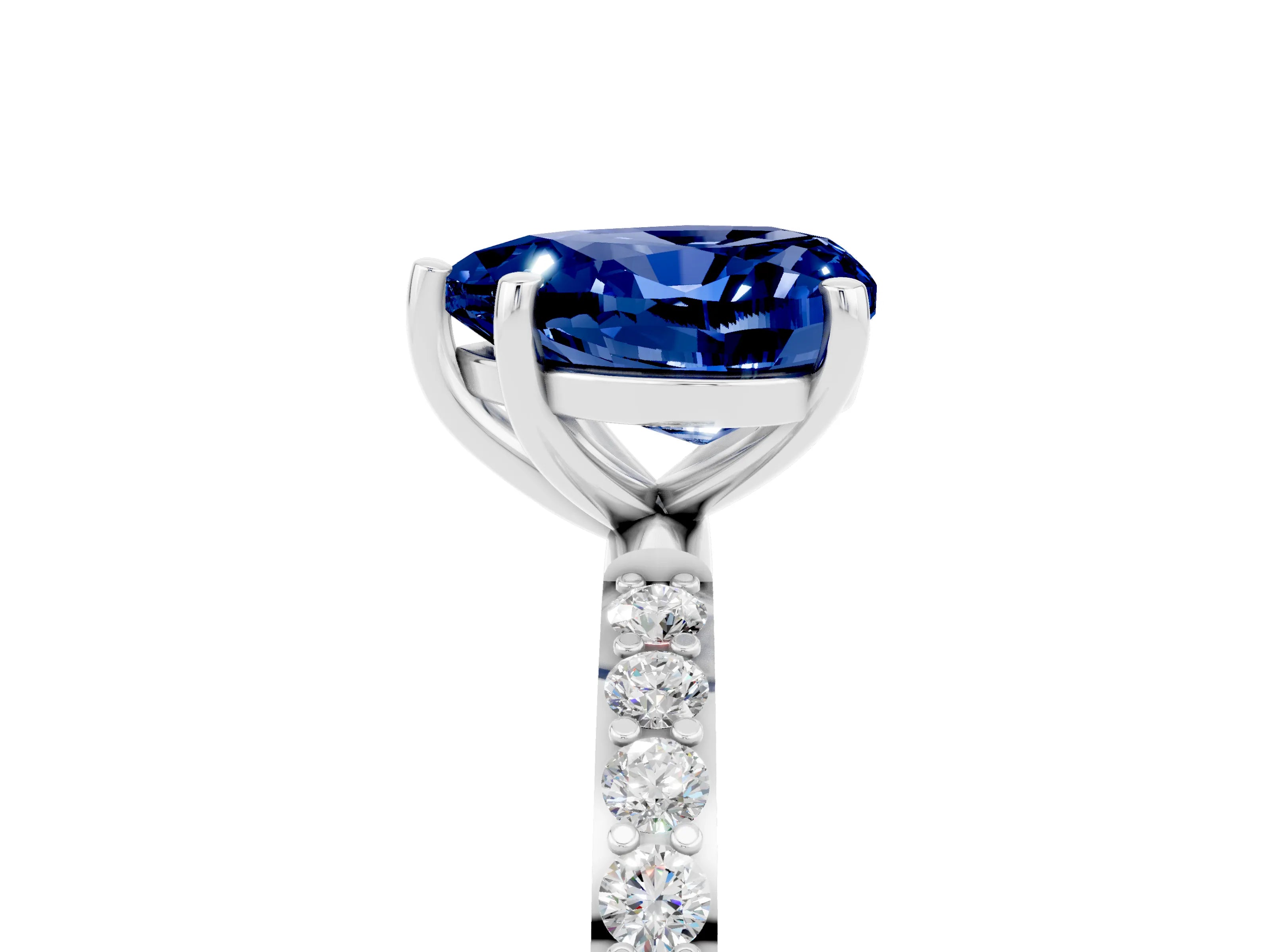 White gold Heart Cut Blue Sapphire Solitaire Ring with Pave Band and Four Prong Setting_29