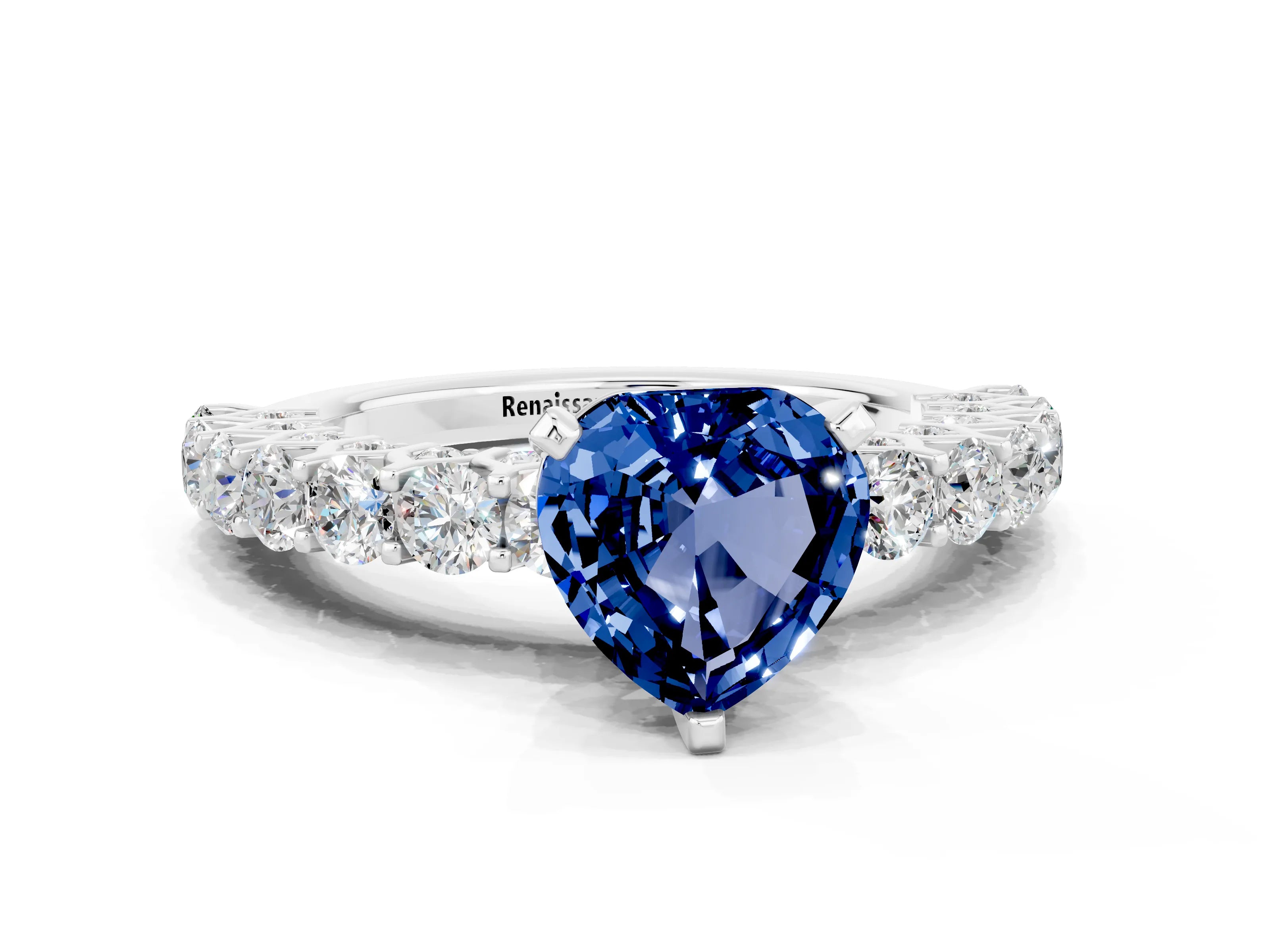 White gold Heart Cut Blue Sapphire Solitaire Ring with Shared Prong Pavé Band and Four-Prong Setting_12