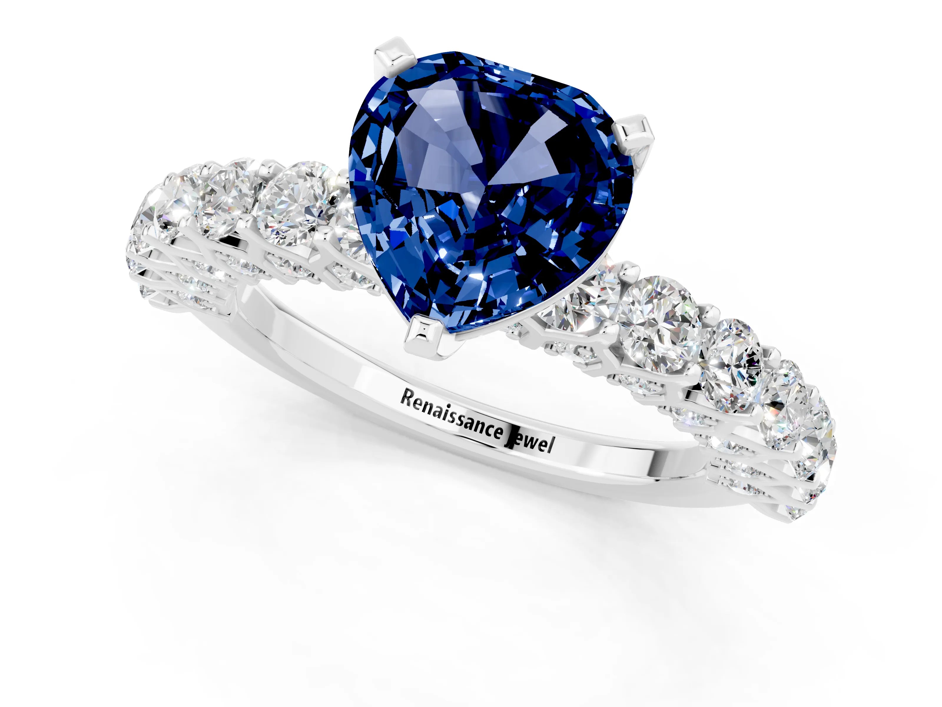 White gold Heart Cut Blue Sapphire Solitaire Ring with Shared Prong Pavé Band and Four-Prong Setting_13