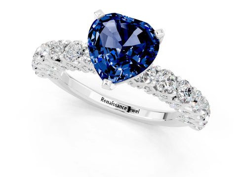 White gold Heart Cut Blue Sapphire Solitaire Ring with Shared Prong Pavé Band and Four-Prong Setting_13