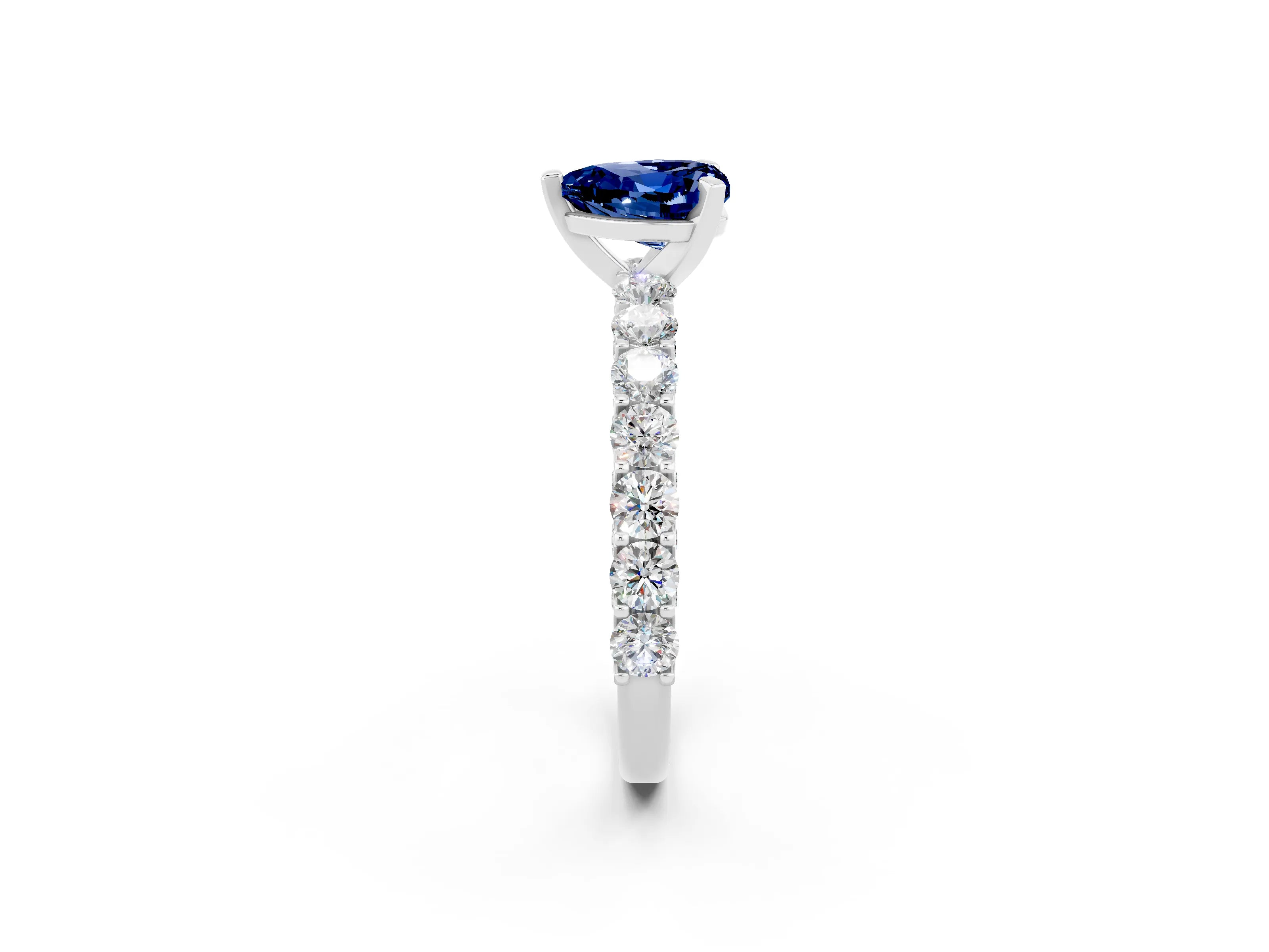 White gold Heart Cut Blue Sapphire Solitaire Ring with Shared Prong Pavé Band and Four-Prong Setting_14
