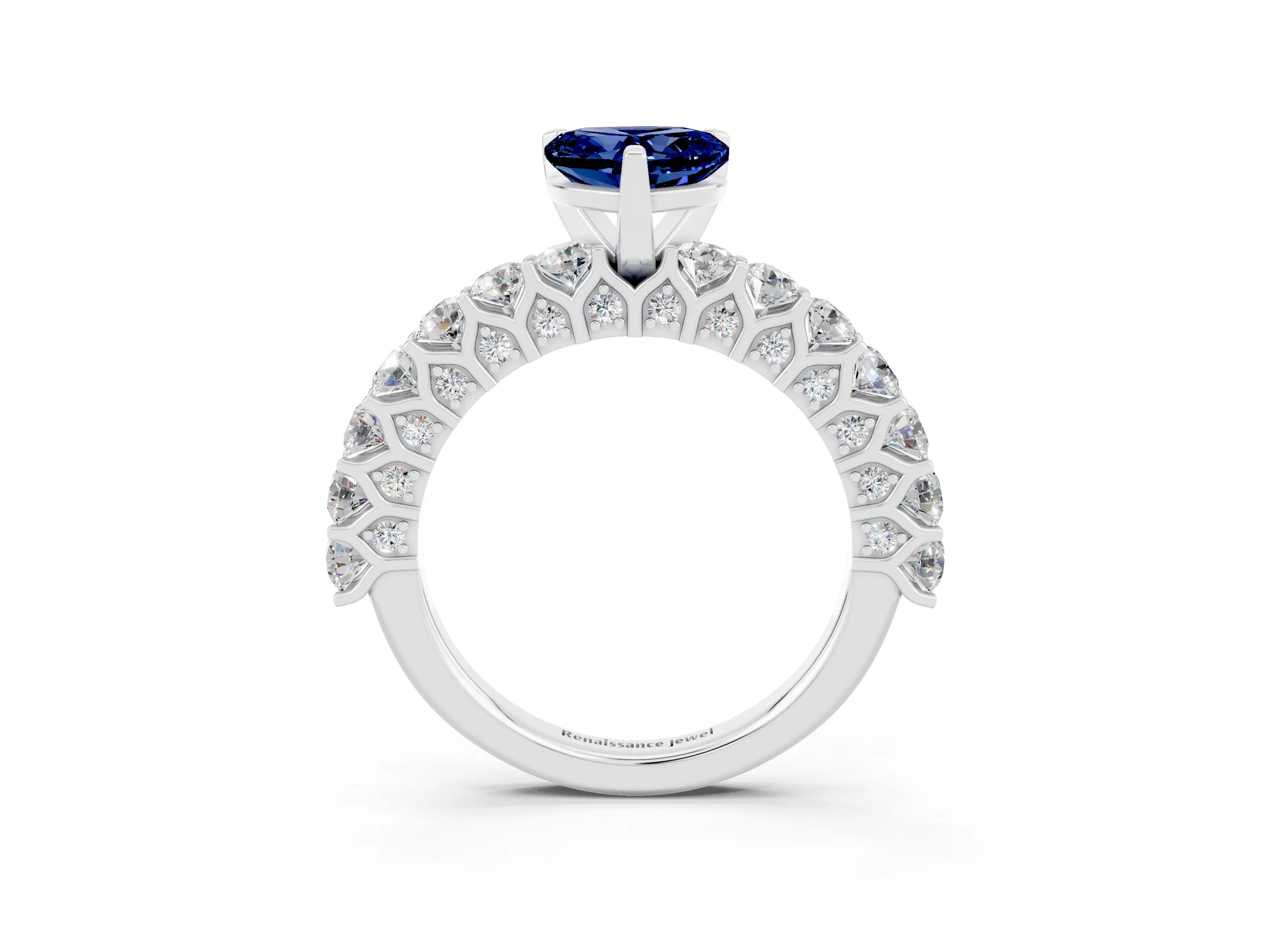 White gold Heart Cut Blue Sapphire Solitaire Ring with Shared Prong Pavé Band and Four-Prong Setting_15