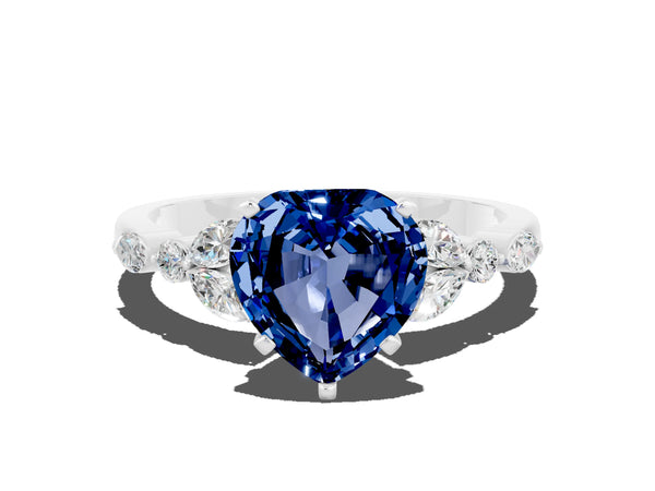 Platinum Heart Cut Blue Sapphire Solitaire Ring with Side Stones and Four-Prong Setting
