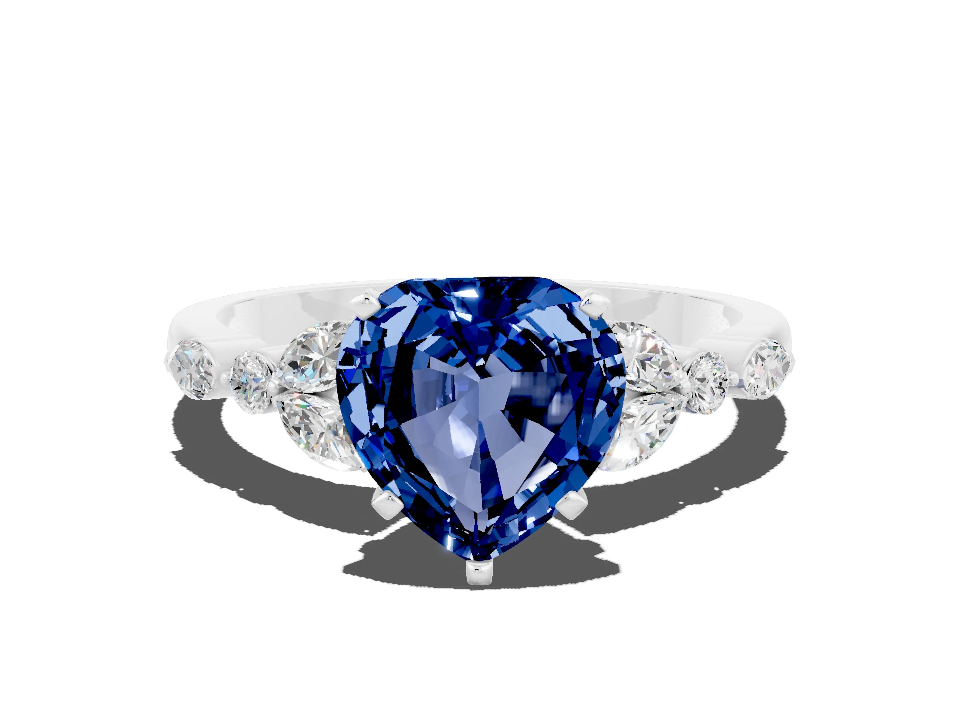 White gold Heart Cut Blue Sapphire Solitaire Ring with Side Stones and Four-Prong Setting_42