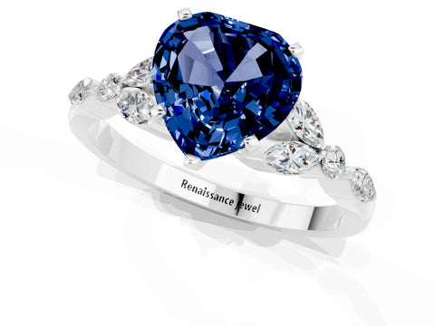 White gold Heart Cut Blue Sapphire Solitaire Ring with Side Stones and Four-Prong Setting_43