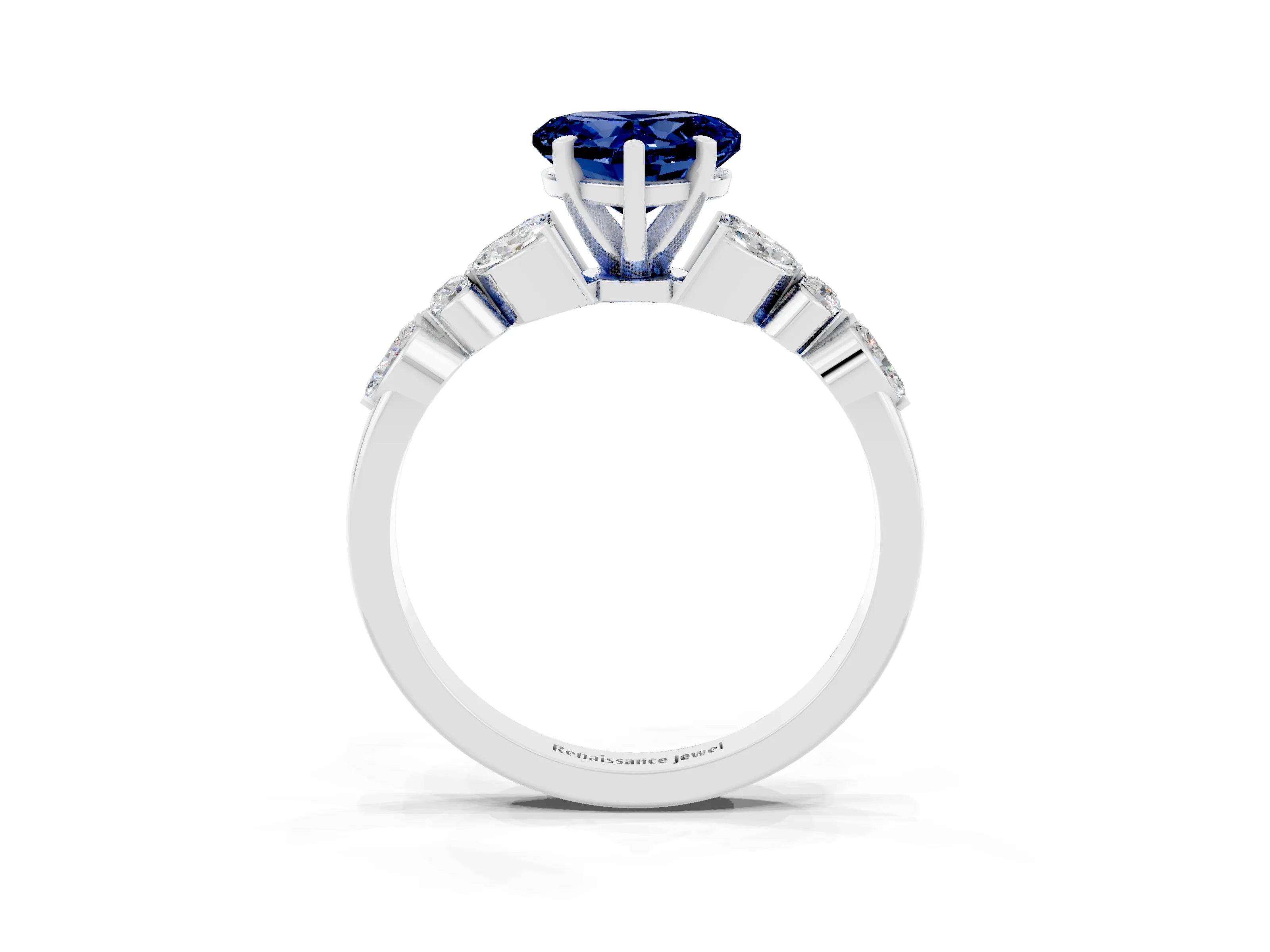 White gold Heart Cut Blue Sapphire Solitaire Ring with Side Stones and Four-Prong Setting_45