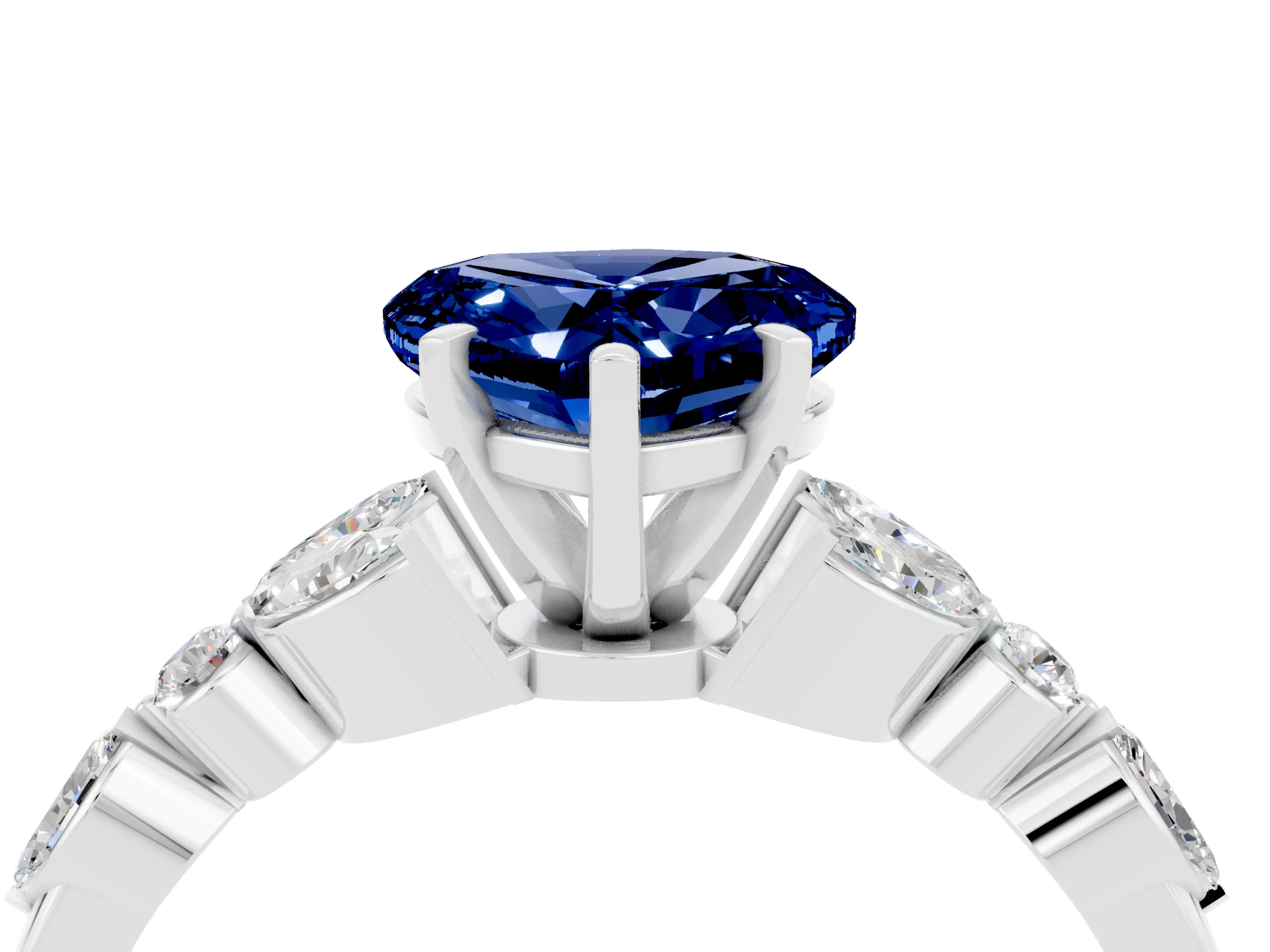 White gold Heart Cut Blue Sapphire Solitaire Ring with Side Stones and Four-Prong Setting_46