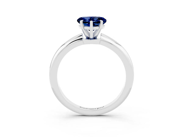 Silver Heart Cut Blue Sapphire Solitaire Ring with Six-Prong Setting and Classic Band