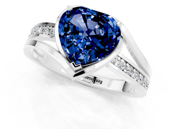 Silver Heart Cut Blue Sapphire Solitaire Ring with Split Shank and Prong Setting