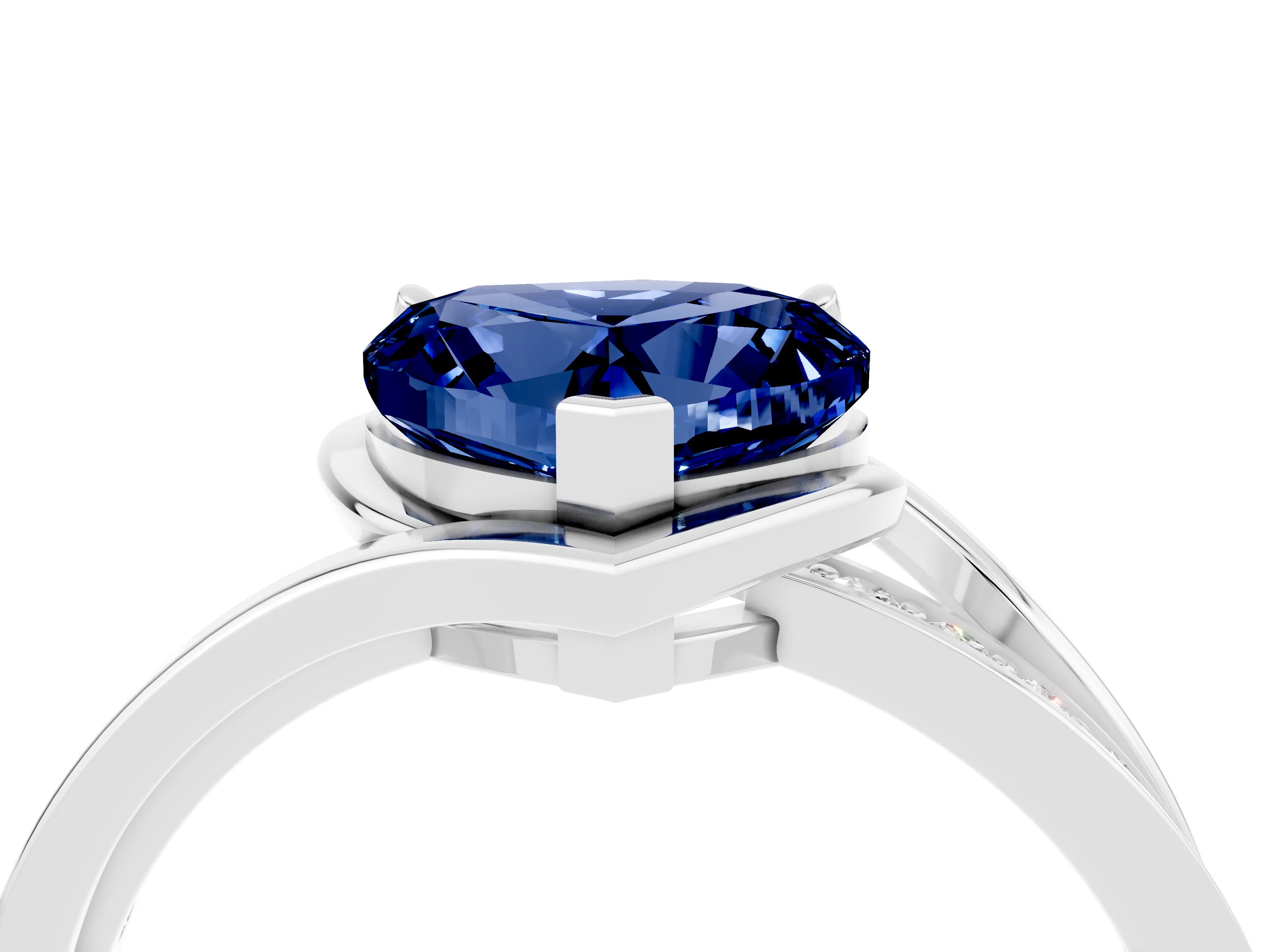 White gold Heart Cut Blue Sapphire Solitaire Ring with Split Shank and Prong Setting_4