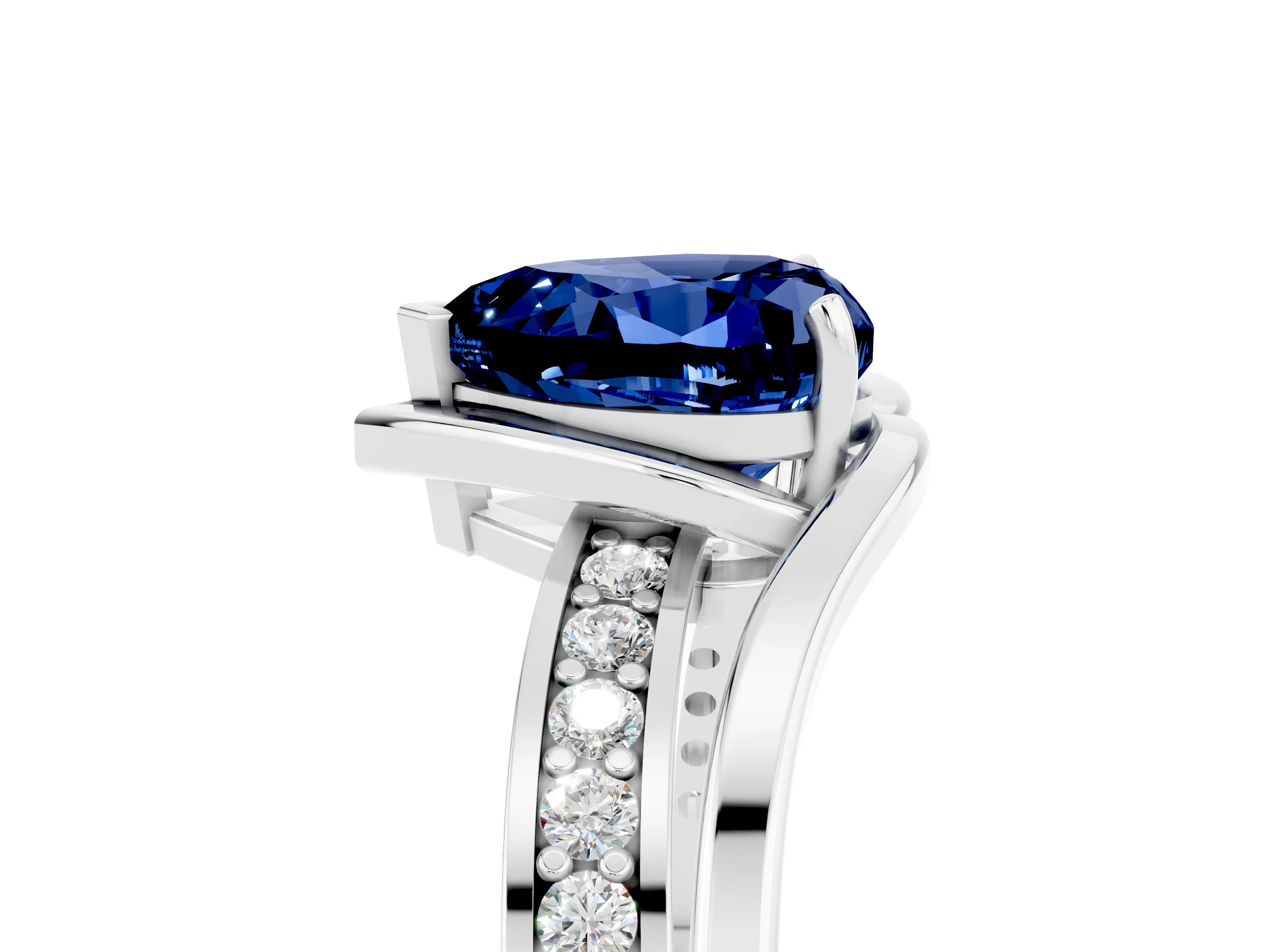 White gold Heart Cut Blue Sapphire Solitaire Ring with Split Shank and Prong Setting_5