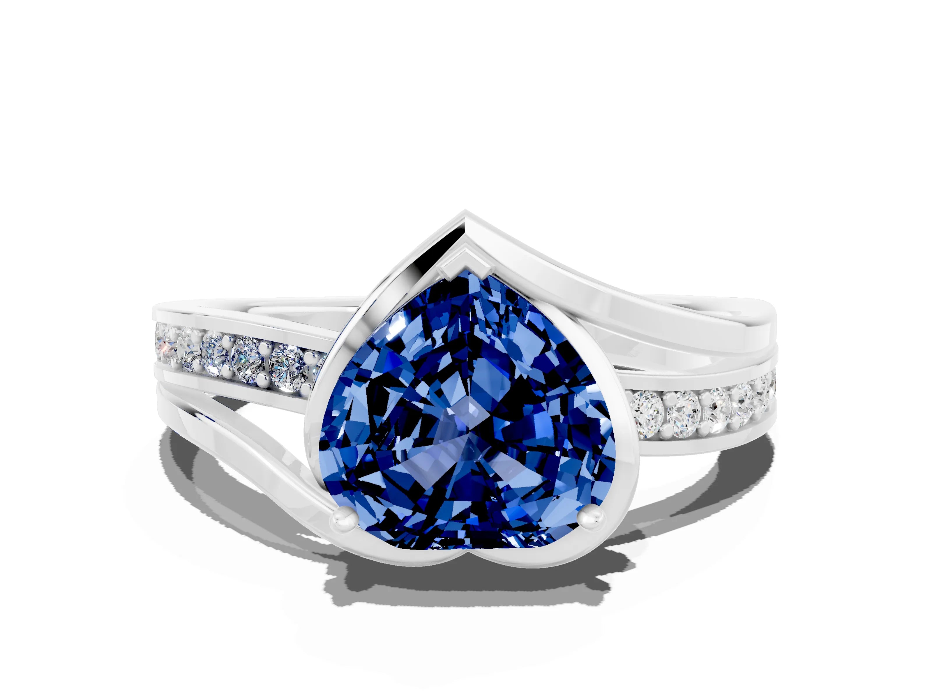 White gold Heart Cut Blue Sapphire Solitaire Ring with Split Shank and Prong Setting