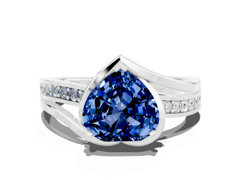 White gold Heart Cut Blue Sapphire Solitaire Ring with Split Shank and Prong Setting