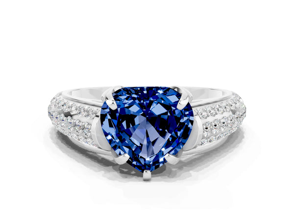 White gold Heart Cut Blue Sapphire Solitaire Ring with Three-Row Pavé Band and Four-Prong Setting