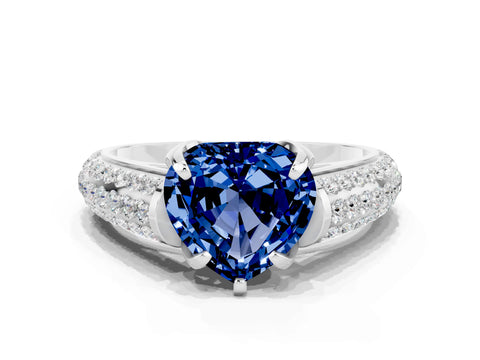 White gold Heart Cut Blue Sapphire Solitaire Ring with Three-Row Pavé Band and Four-Prong Setting_12