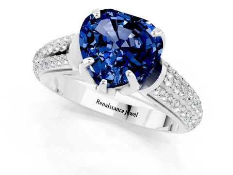 White gold Heart Cut Blue Sapphire Solitaire Ring with Three-Row Pavé Band and Four-Prong Setting_13